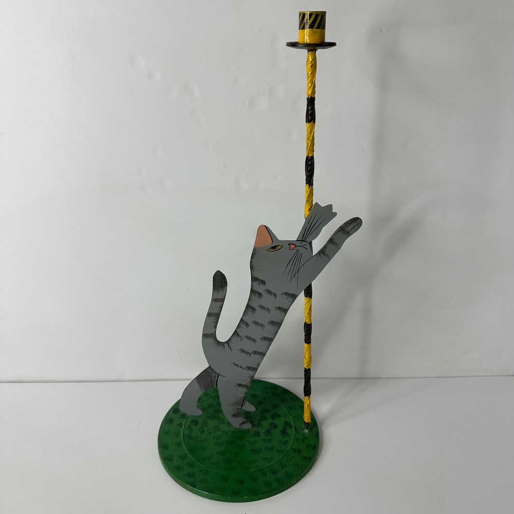 Vtg Hand Painted Metal Cat Climbing Pole Candle Holder Grey Tabby Folk Art 20"‎